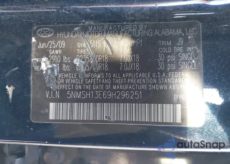 2009 Hyundai Santa Fe Limited z USA, uszkodzony, nr VIN 5NMSH13E69H296251